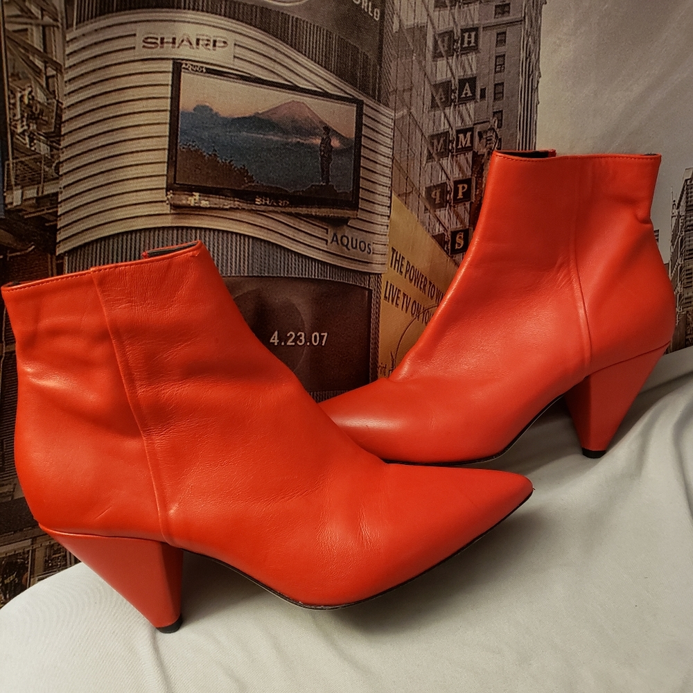 Red low heel leather boots